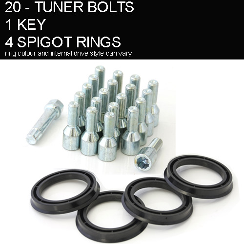 WHEEL FITTING KIT - 20 TUNER BOLTS - 1 KEY - 4 SPIGOT RINGS